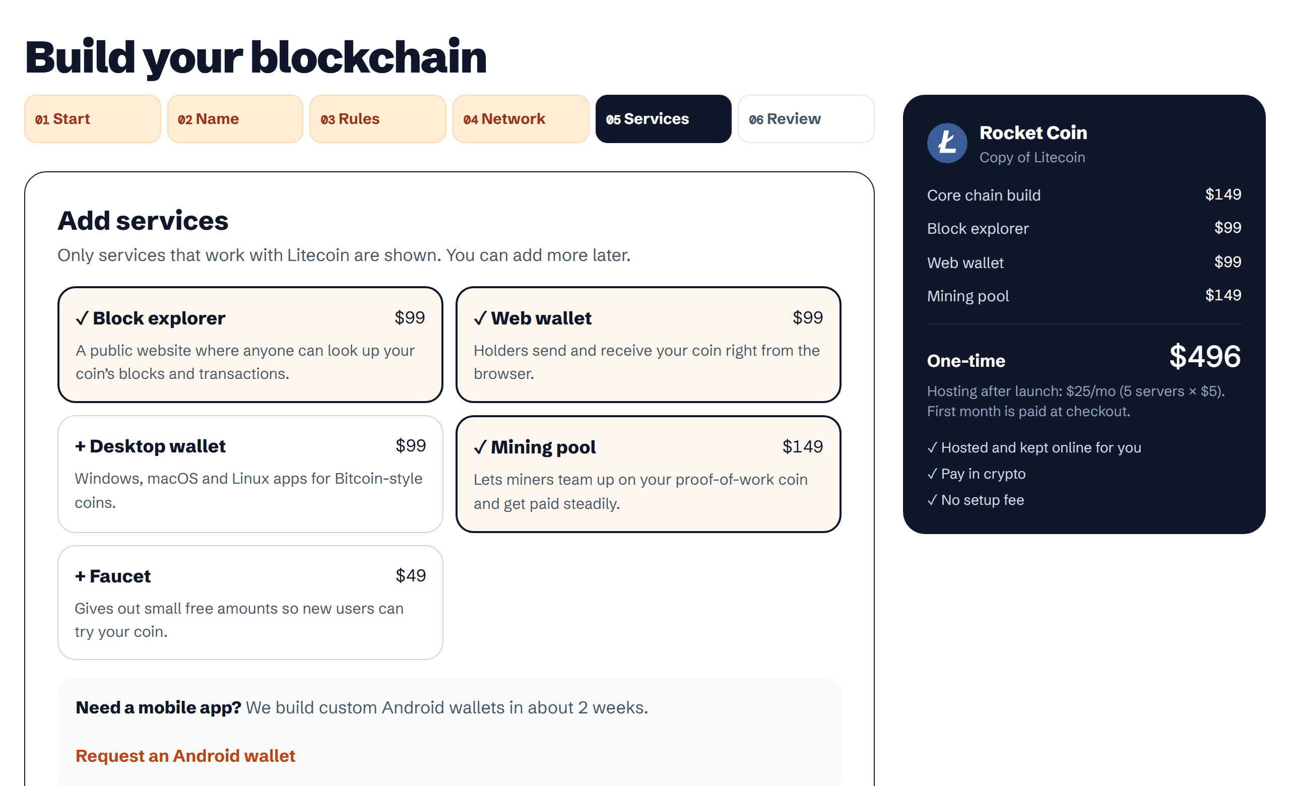 The services step with explorer, wallets and mining pool selected and the total price