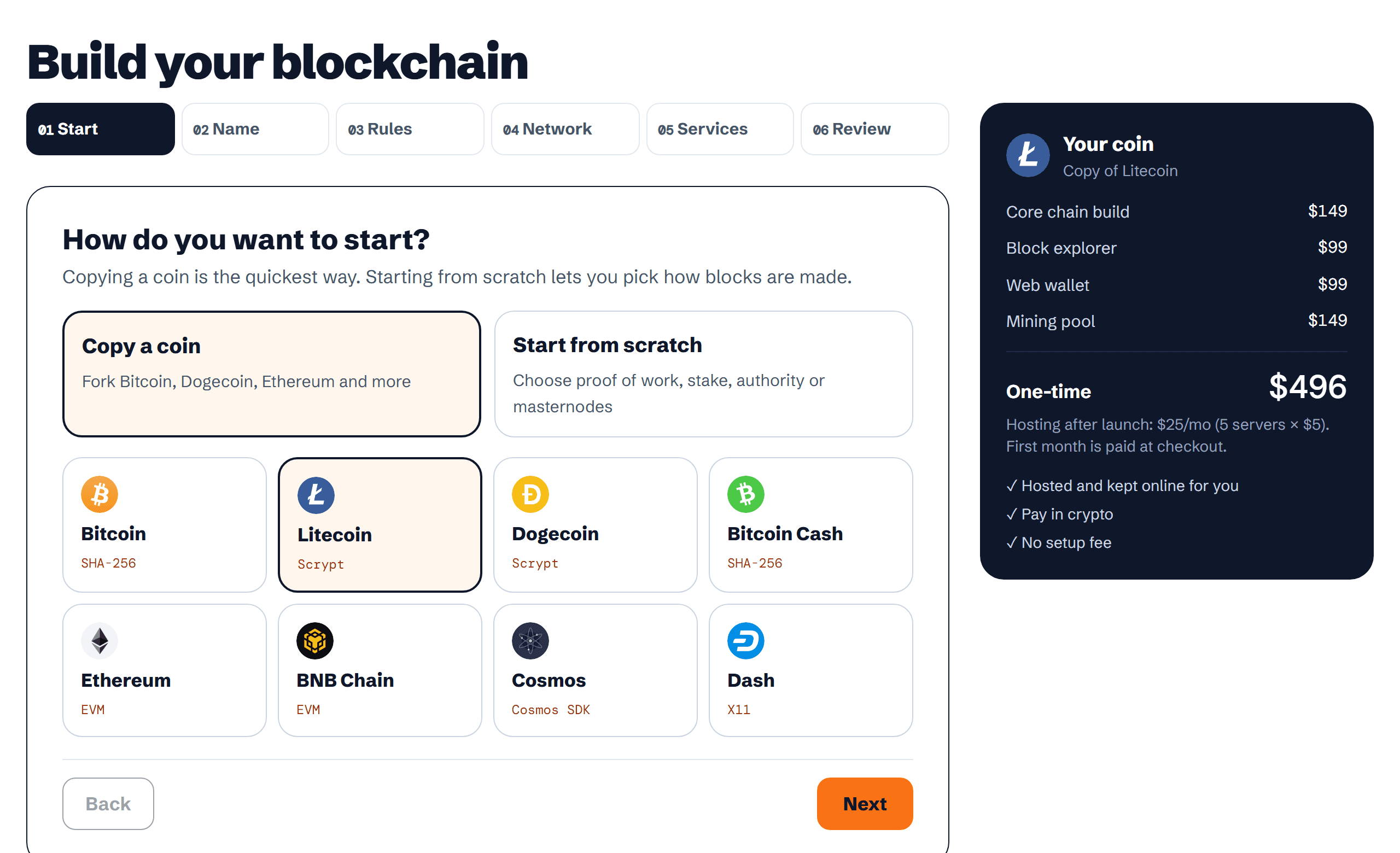 The builder start step with eight starting coins and a live price box